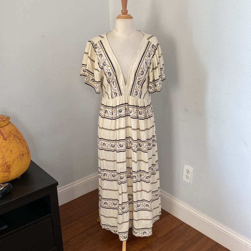 Loft Beach Stripe Floral Open Back Midi Dress Size M